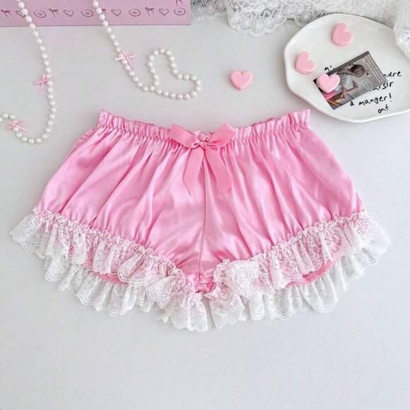 PetitDoll Pink Ruched Back Bow Ruffle Lace Satin Coquette Doll Women Panties - Picture 3 of 3